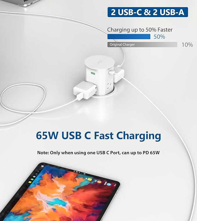 Power Strip Pop up Outlet for Countertop,PD 65W USB C,4 USB Ports,4 Outlets Tamper Resistant,Flush Mount,Space Saver Recessed Receptacle,ETL Listed (White, 6FT_4 Outlets_65W USB)