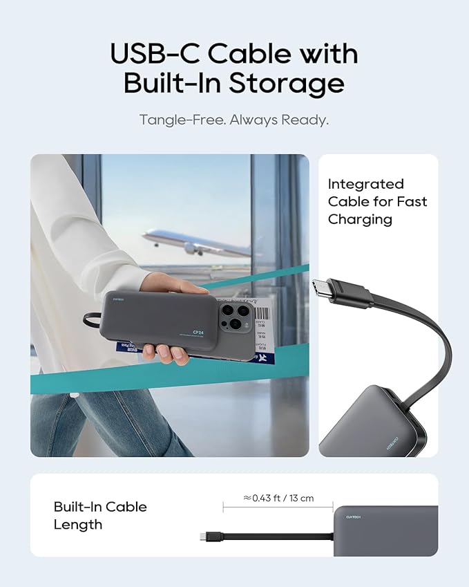 CUKTECH 20,000mAh Power Bank with Built-in USB-C Cable, 40W PD Fast Charging Portable Charger, 3-Port Battery Pack for iPhone 17/16, Samsung S26/S25, iPad Pro, MacBook Air, Travel Essentials