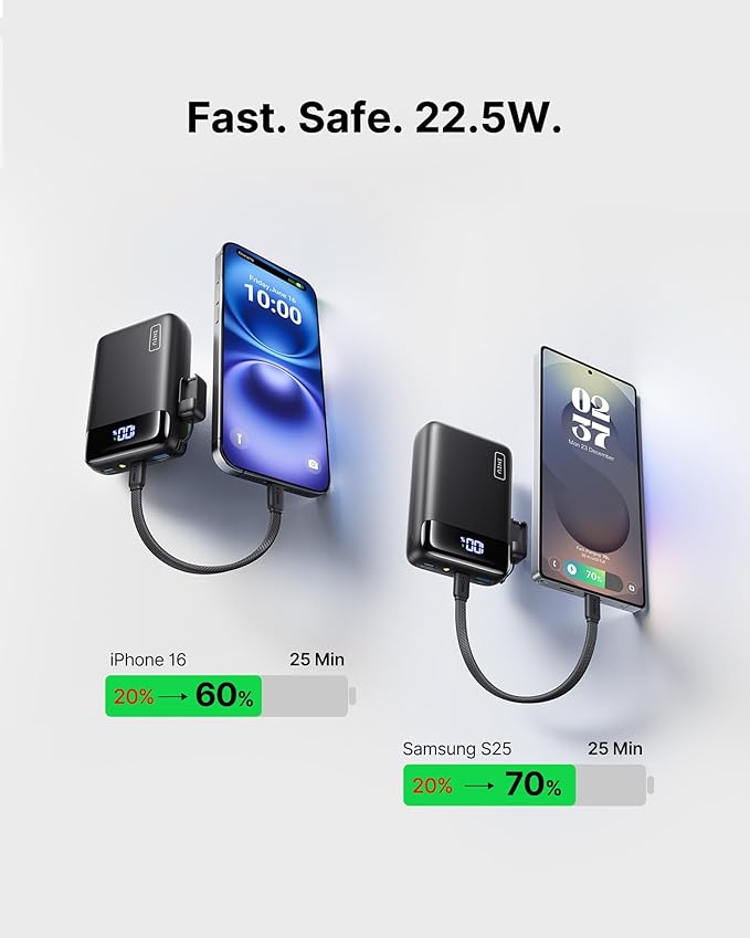 INIU Smallest 20000mAh Power Bank, 22.5W PD Fast Charging Portable Charger with Detachable Cable, Flight-Safe Battery Pack with LED Display for Travel Xiaomi iPhone 17 16 Samsung S26 Google iPad etc