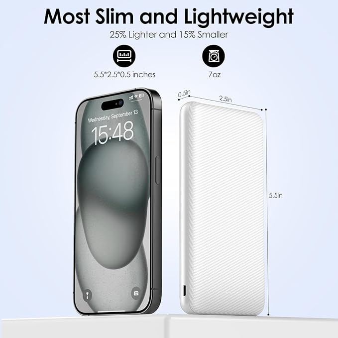 Power Bank 10000mAh Portable Charger, Slimmer Battery Pack 5V/3A with USB C Input & Output, Travel Essentials Powerbank Compatible for iPhone, Galaxy, LG, Sony, Pixels, Tablets and More (White)