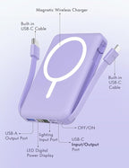 podoru for Magsafe Battery Pack, 10000mAh Magnetic Power Bank Built-in Double USB C Cables 20W PD Fast Charging LED Display Wireless Portable Charger for iPhone 17/16/15/14/13/12 Series-Purple