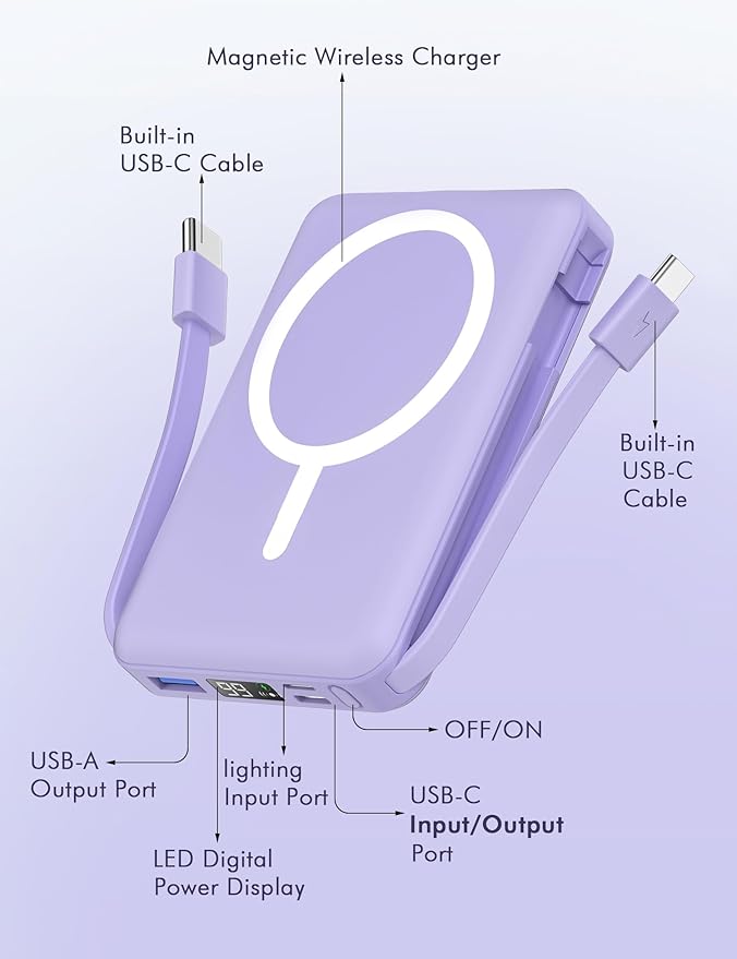 podoru for Magsafe Battery Pack, 10000mAh Magnetic Power Bank Built-in Double USB C Cables 20W PD Fast Charging LED Display Wireless Portable Charger for iPhone 17/16/15/14/13/12 Series-Purple