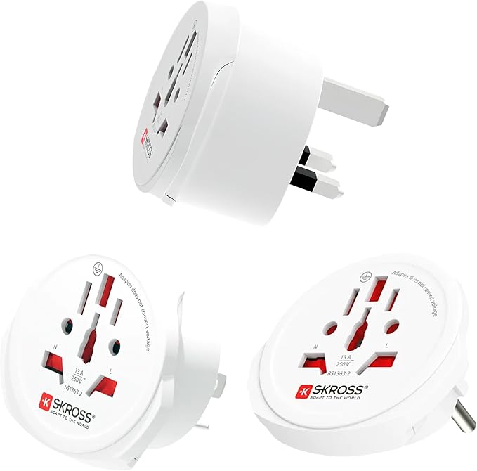 SKROSS World Travel Adapter Set 3-Pack — USA, UK & Europe Plug Adapters, Swiss-Engineered Country Travel Adapter Bundle, White