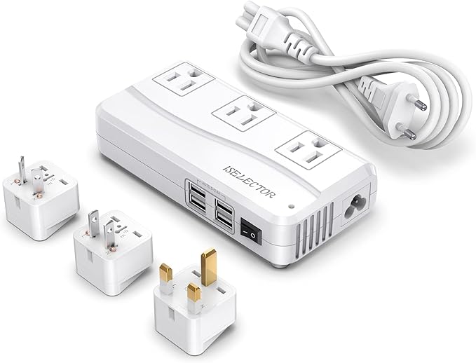 ISELECTOR Universal Travel Adapter, Power Step Down 220V to 110V Voltage Converter with 6A 4-Port USB Charging 3 AC Sockets International Plug Adapter for UK/AU/US/EU/Japan More Than 150 Countries