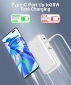 Portable Charger, Power Bank, 16000mAh Power Bank Built-in AC Wall Plug and Cables, PD 30W and QC4.0 Fast Charger for iPhone and Android Phones and Most Electronic Devices (White)