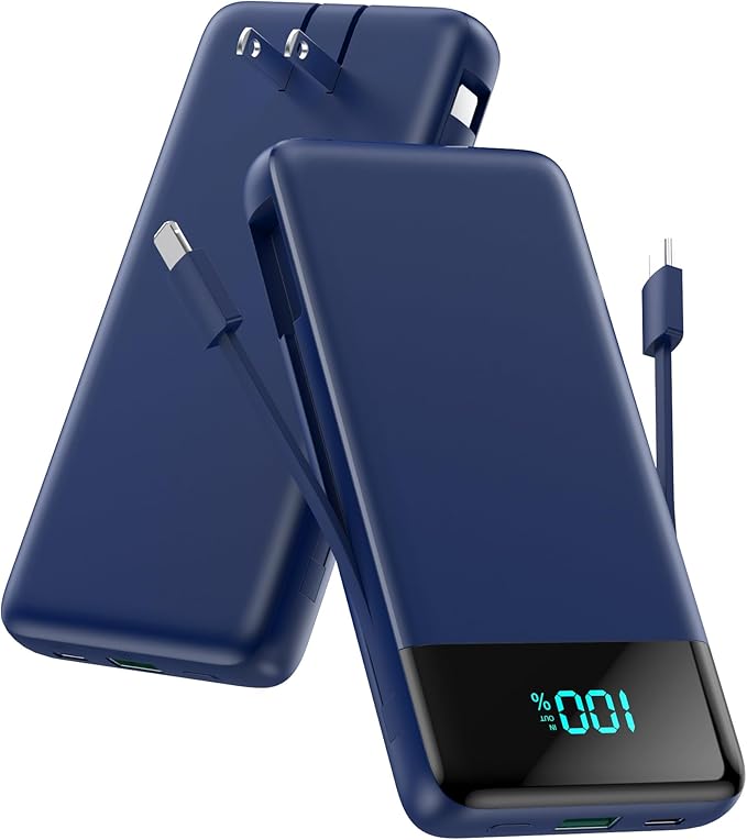Portable Charger for iPhone with Built in Cables and Wall Plug,Upgraded 13800mAh Fast Charging USB C Power Bank,4 Outputs Travel Essential Battery Pack Compatible with iPhone 17/16/15/14,Samsung-Blue