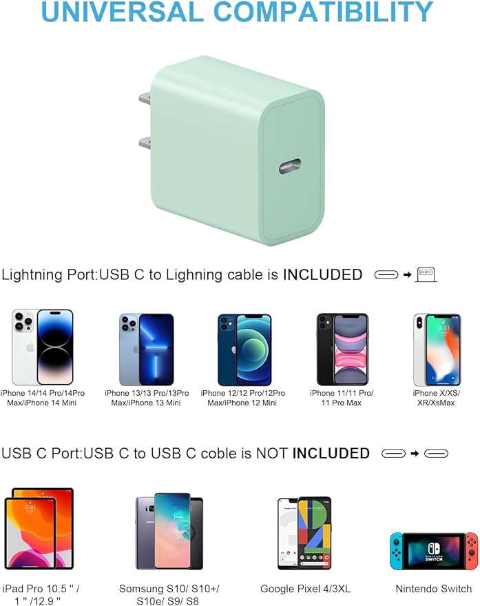 iPhone 14 13 12 Fast Charger 20W PD USB C Wall Charger with 6FT Fast Charging Cable for iPhone 14/14 Pro/14 Pro Max/14 Plus/13/12/11/Pro/Pro Max/Mini/Xs Max/X, iPad - Green
