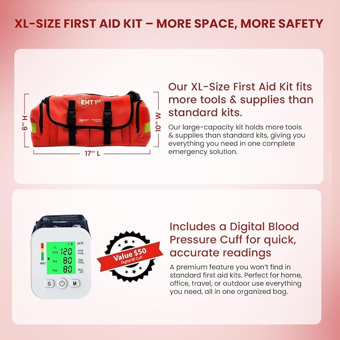 EMT 1st 362 Pcs Emergency Responder First Aid Kit with 40 Unique Items & First Aid Guide Book, Large First aid kit for car, Travel & Home - Emergency Bag for Hiking, Camping, Backpacking and Outdoor