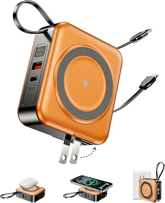 6-in-1 for Magsafe Portable Charger with Built-in Cables & Wall Plug,10000mAh Magnetic Wireless Power Bank,22.5W Fast Charging USB C Battery Pack,Travel Essentials for iPhone 17/16/15/14/13/12,Orange