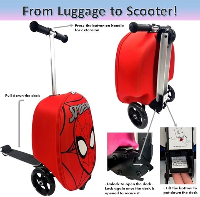 Fast Forward Spider-Man 18" Ride-On Suitcase Scooter - Lightweight Carry-On Scooter Luggage