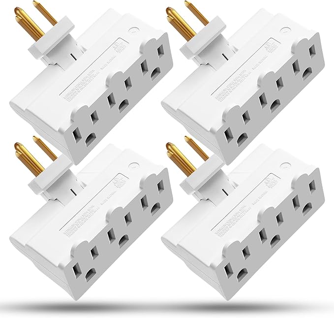 Fosmon 3 Outlet Adapter, Swivel Outlet Plug Three Way Rotating 180 Degree Right Angle Adapter Plug, Electric Wall Extender Indoor, 3-Prong, Grounded- 4 Pack