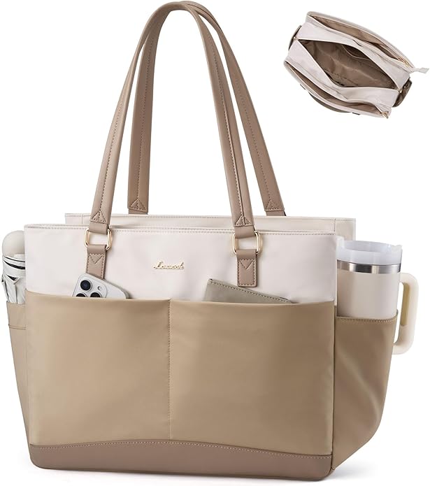 LOVEVOOK Laptop Tote Bag for Women with 3 Separate Pocket Work Bag with Large Cup Holder Computer Briefcase for Teacher Nurse