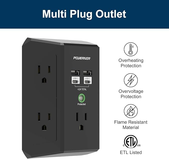 Multi Outlet Extender Surge Protector - POWERIVER Multi Plug Wall Outlet with 5 AC Outlets and 4 USB Ports(2USB C), 1680 Joules, Outlet Splitter for Home School Office, ETL, Black