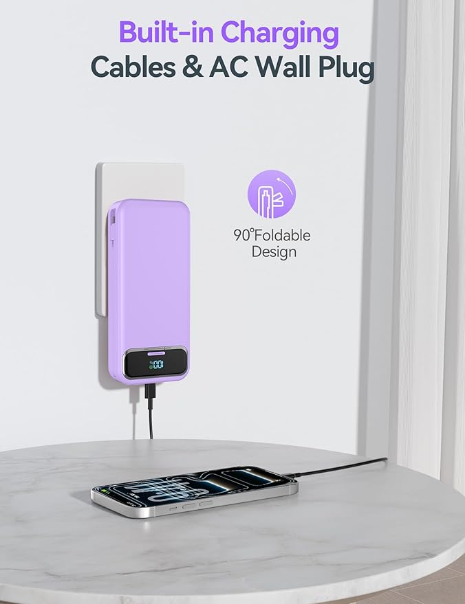 20000mAh Lightweight-Portable-Charger-Power-Bank with Built-in Cables and AC Wall Plug, PD20W USB-C Fast Charging Battery Pack, LED Display External Travel Phone Charger for All iPhone,Samsung,Android