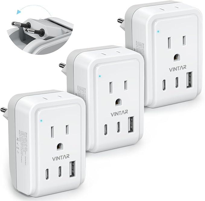 3 Pack European Travel Plug Adapter, VINTAR Foldable International Plug Adapter with 2 AC Outlets and 3 USB Ports(2 USB C),Type C Plug Travel Essentials to Most Europe EU France Germany Spain Italy