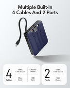 VRURC 10000mAh Portable Charger for iPhone with Built-in Cables, 22.5W Fast Charging Power Bank with LED Display, Battery Pack USB C for iPhone 17 Pro Max, Samsung S26, Travel Essentials (Royal Blue)