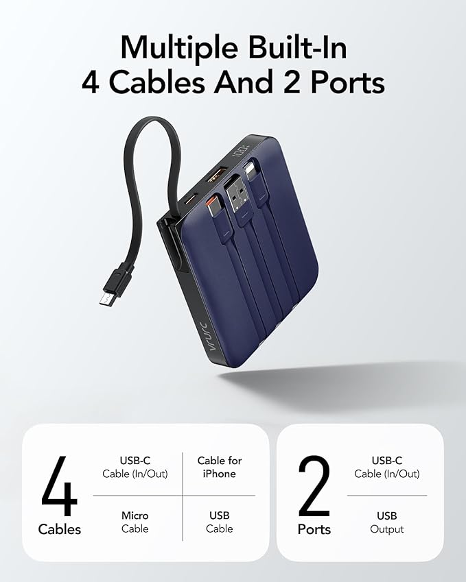 VRURC 10000mAh Portable Charger for iPhone with Built-in Cables, 22.5W Fast Charging Power Bank with LED Display, Battery Pack USB C for iPhone 17 Pro Max, Samsung S26, Travel Essentials (Royal Blue)