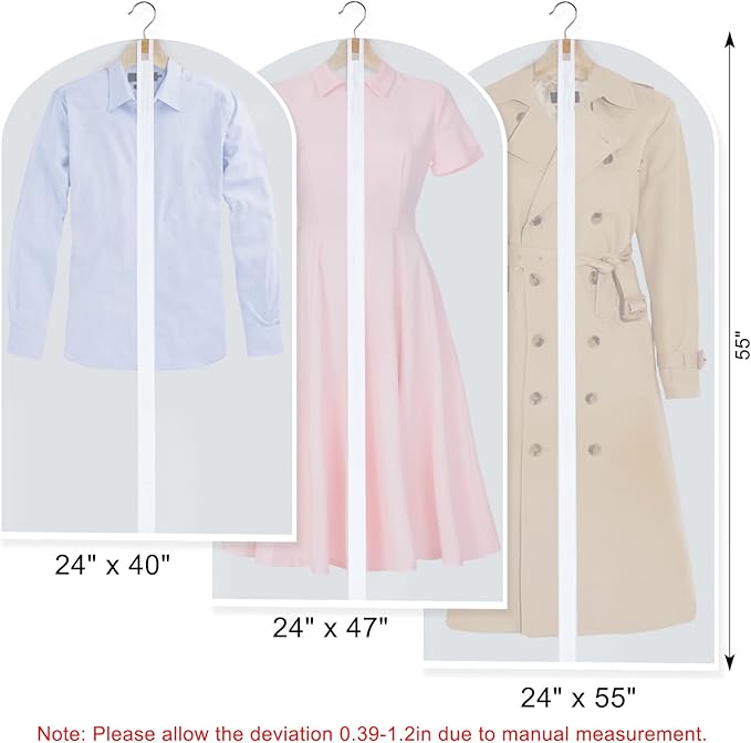 Clear Garment Bags for Hanging Clothes, Set of 12 Suit Bags Dust-Resistant Clothes Cover Bags PEVA Breathable Clothes Protectors with Full Zipper for Closet Storage, 24” x 40”/47”/55”