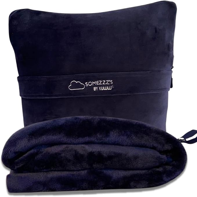 Kululu Travel Blanket and Pillow Set, Airplane Blanket Compact 2-in-1 Combo Set, Flight Essentials Poncho with Pocket, Pouch & Luggage Backpack Strap | Travelers Gifts Accessories 62"x45" (Space Blue)