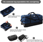 Rolling Duffle Bag with Wheels,110L/140L Expandable Soft-Sided Foldable Duffle Bag with 2 Rubber Wheels,Packable 32” Rolling Carry-On with Multi-Pockets & Compartments (Dark blue)