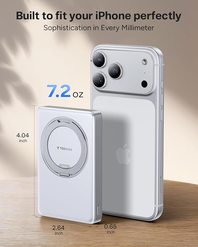 TORRAS Ostand Minimag 10000mAh Magnetic Portable Charger, 360° Rotatable Stand, 15W Wireless & 22.5W PD Fast Charging Battery Pack for iPhone 17/16/15/14, Pro Max, Plus, AirPods - White