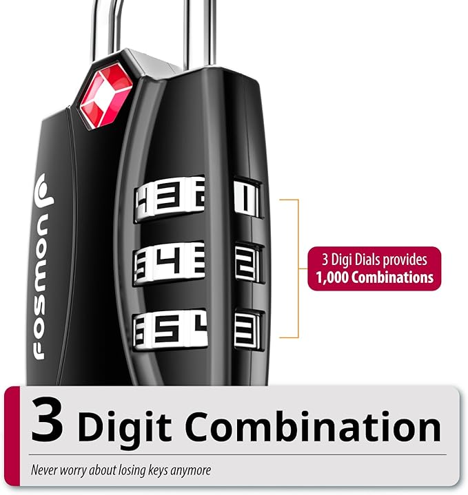 Fosmon TSA Approved Locks for Luggage. Suitcase Locks with Open Alert Indicator, 3 Digit Combination Padlock with Alloy Body for Travel, Backpack Zipper Anti Theft, Locker, Gym, Gun Case, Tent- 2 Pack