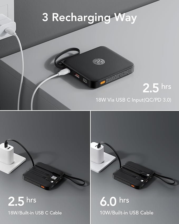 VRURC Portable Charger with Built-in Cable, 10000mAh 22.5W Fast Charging USB C Battery Pack, Cell Phone Power Bank for iPhone 17 16 15 Series Android Tablet (Black)