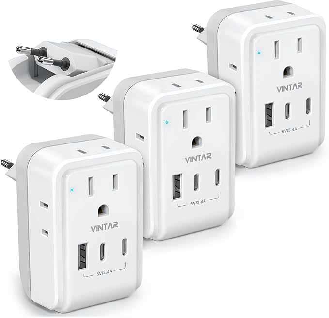 3 Pack European Travel Plug Adapter, VINTAR Foldable International Power Adapter with 4 AC Outlets 3 USB Ports(2 USB C), Type C Adaptor Charger for US to Most of Europe EU Italy Spain France Iceland