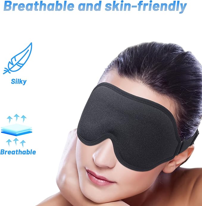 Sleep Eye Mask for Men Women, Sleeping Mask for Side Sleeper, Travel Blackout Night Blindfold Eye Shade Cover with Adjustable Strap (Black)