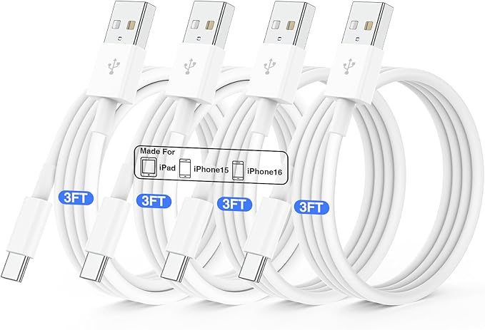 QZIIW 4 Pack USB C Fast Charging Cable 3FT For iPhone 17 16 15/17 16 15 Pro/16 15 Pro max/16 15 Plus,USB A to USB C Car Carplay Cord compatible Samsung Galaxy S25 S24, iPad Pro 12.9/11,Air 5th/4th Gen