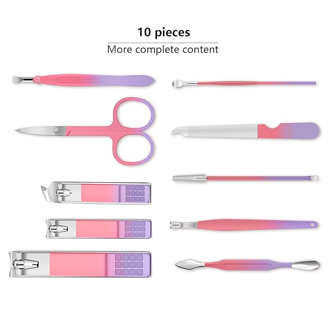 Manicure Set, Travel Mini Nail Clippers Kit Pedicure Care Tools, 10pcs Stainless Steel Grooming kit (Pink Purple)