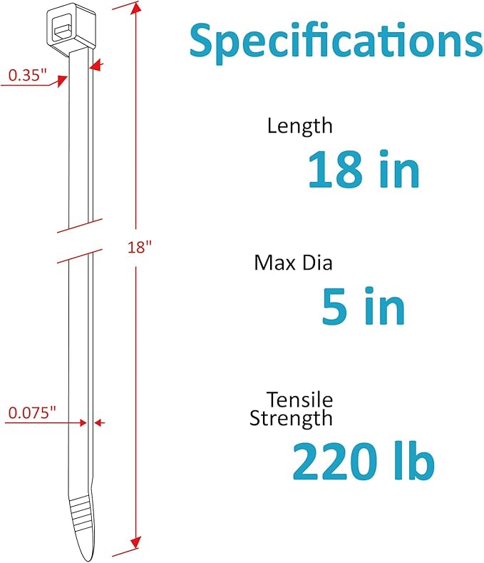 Large Zip Ties Heavy Duty 18 inch (500 Pack), 220 lb Tensile Strength for Outdoor Use, Black Cable Ties, Long Wire Ties by ANOSON