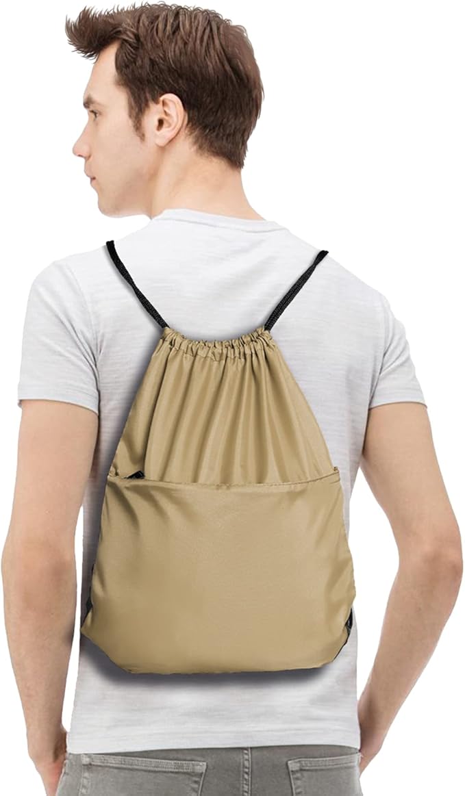 Drawstring Backpack Sports Water Resistant String Bag Sport Gym Sackpack for Women Men Large with Zipper, Khaki