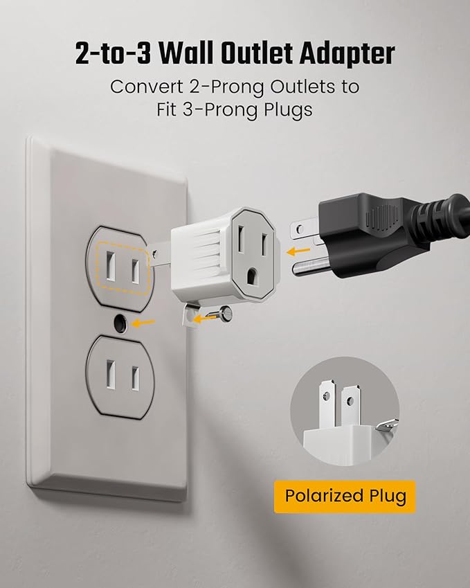 3 Prong to 2 Prong Adapter, ETL Listed Polarized Grounding Converter, Portable Plug Adapter, 3 Pin to 2 Pin Power Adapter for Wall Outlets Plugs, Heavy Duty Wall Plug for Old Homes White (4 Pack)