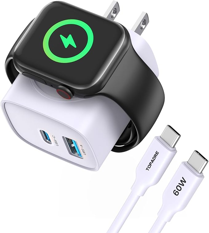 TOPADRE Charger for Apple Watch, USB C Charger Block, 3-in-1 20W Fast Charging, Portable Plug Travel Essential Charge for iWatch Ultra/SE/11/10/ 9/8/ 7/6, iPhone 16/16 Pro/ 15 Series, Purple