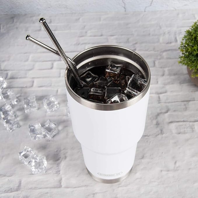 D·S 30oz White Tumbler Stainless Steel Double Wall Vacuum Insulated Mug with Straw and Lid, Cleaning Brush for Cold and Hot Beverages (30oz White)