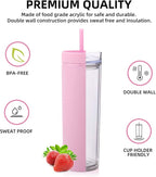 Volhoply 20oz Plastic Skinny Tumbler,Double Wall Tumblers with Lid and Straw,Reusable Travel Iced Coffee Mug,BPA Free Matte Acrylic Water Cups With Straw for Parties,DIY Gifts(Pink, 1 Set