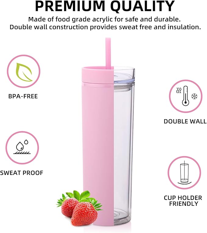 Volhoply 20oz Plastic Skinny Tumbler,Double Wall Tumblers with Lid and Straw,Reusable Travel Iced Coffee Mug,BPA Free Matte Acrylic Water Cups With Straw for Parties,DIY Gifts(Pink, 1 Set