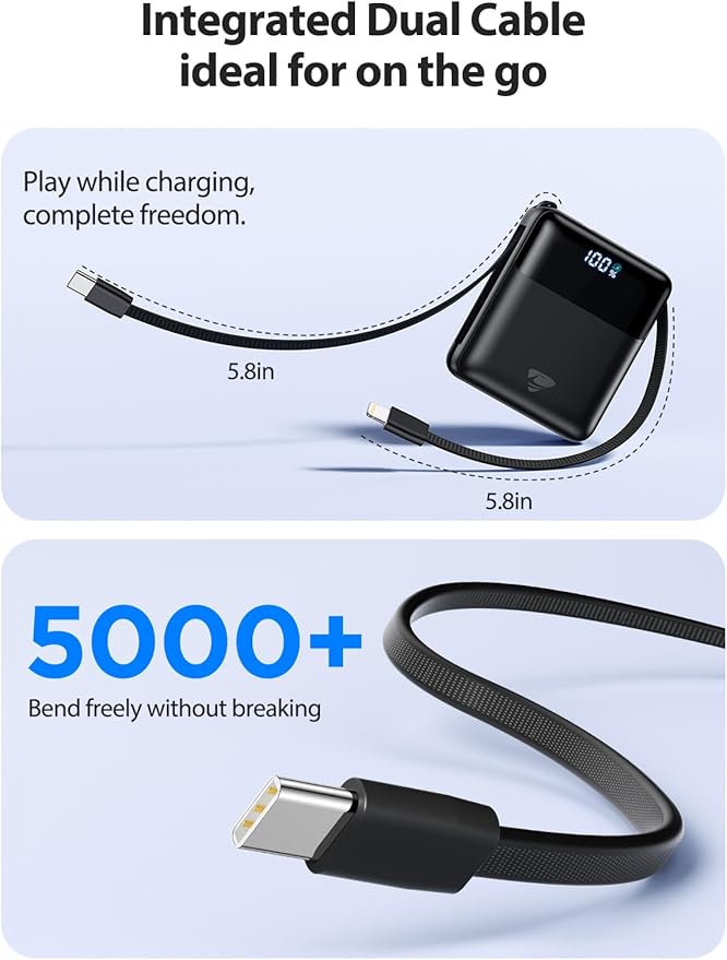 Portable Charger 10000mAh Power Bank Fast Charging, 22.5W USB C Battery Pack with Built-in Cables, Small Portable Charger Travel Essentials Power Bank for iPhone 17 16 15 14, Samsung, iPad, Android