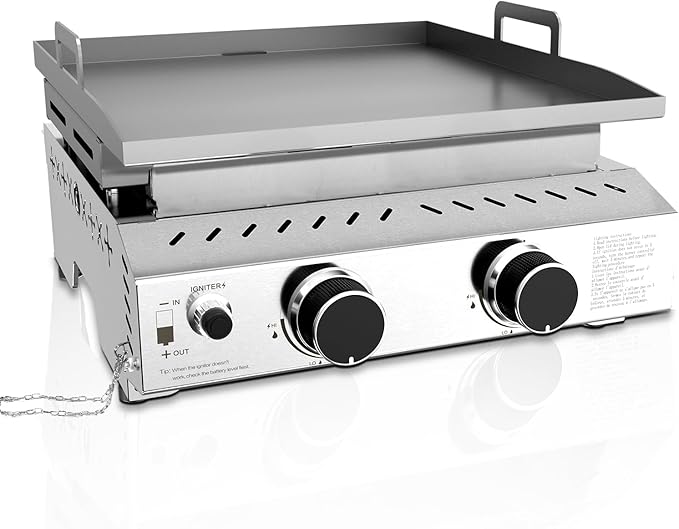 R.W.FLAME Portable Propane Griddle,Stainless Steel Gas Grill,Table Top Grill for Outdoor BBQ,Camping and RVs,Silver (2 Burner)