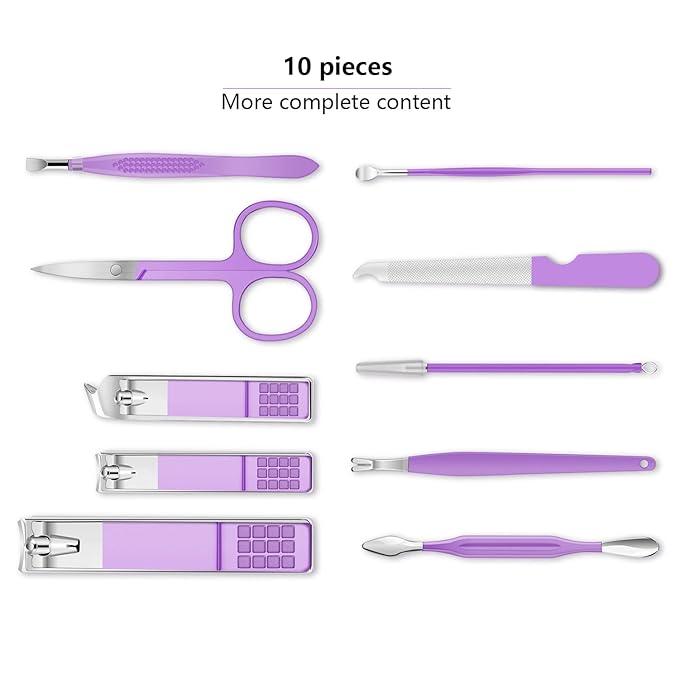 Manicure Set, Travel Mini Nail Clippers Kit Pedicure Care Tools, 10pcs Stainless Steel Grooming kit (Violet)