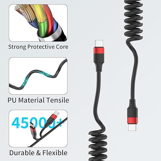 Coiled USB C to USB C Cable, 2 Pack 3FT USBC Car Charger Cord, USBC to USBC Coiled Cable Fast Charging for Carplay, iPhone 17/16/15 Plus/Pro Max, Samsung Galaxy S25 S24 S23, Pixel 10 9
