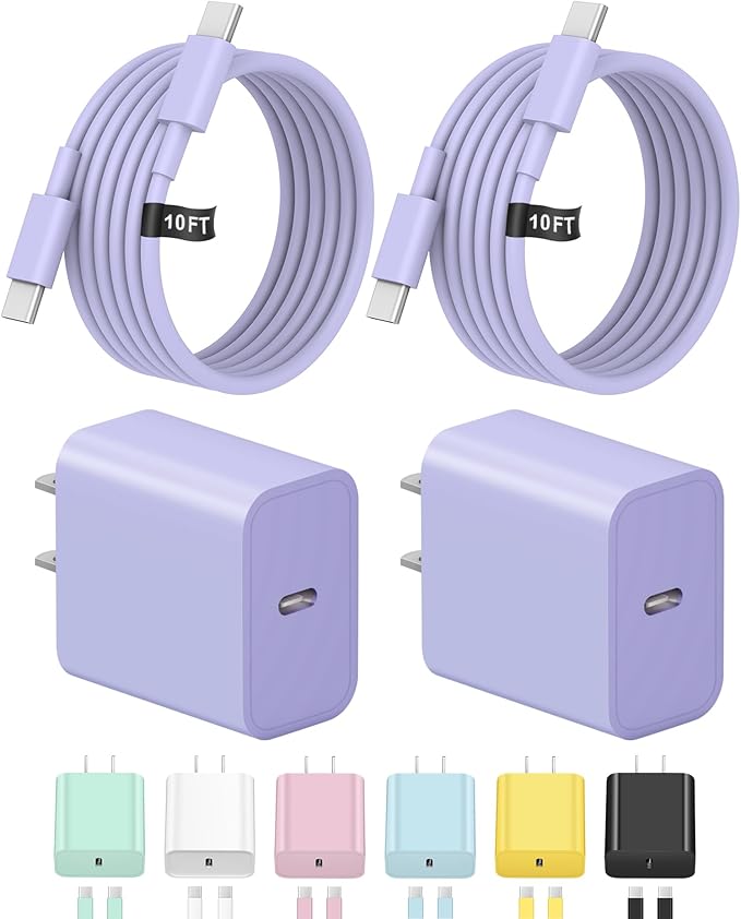 10FT iPhone 17 16 15 Charger Fast Charging USB C Charger Block Type C Chagrer Fast Charging 2-Pack for iPhone 17/17 Plus/17 Pro/17 Pro Max/iPhone 16/16 Plus/16 Pro/16 Pro Max/15/15 Pro Max(Purple)