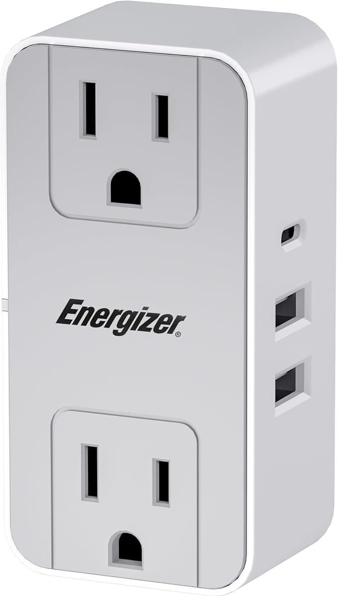 Energizer 5 Device Fast Charging Multi Plug Wall Outlet Extender (2) AC Power Outlets (1) 20W PD Type C (2) USB A (3.1A Total Output) Power Strip Expander Outlet Splitter Plug in Adapter