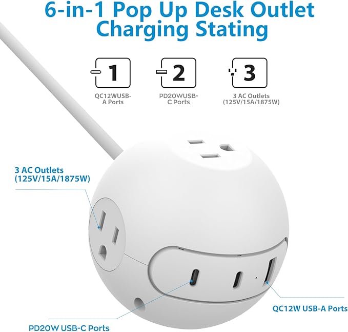 Portable Power Strip Outlet Extender,6-in-1 Charging Station,Wall Plug Extender with 3 AC Outlets & 2 USB-C(20W) and 1 USB-A(12W), Desk Organizer,5ft Extension Cord for Home/Office (ETL Certified)