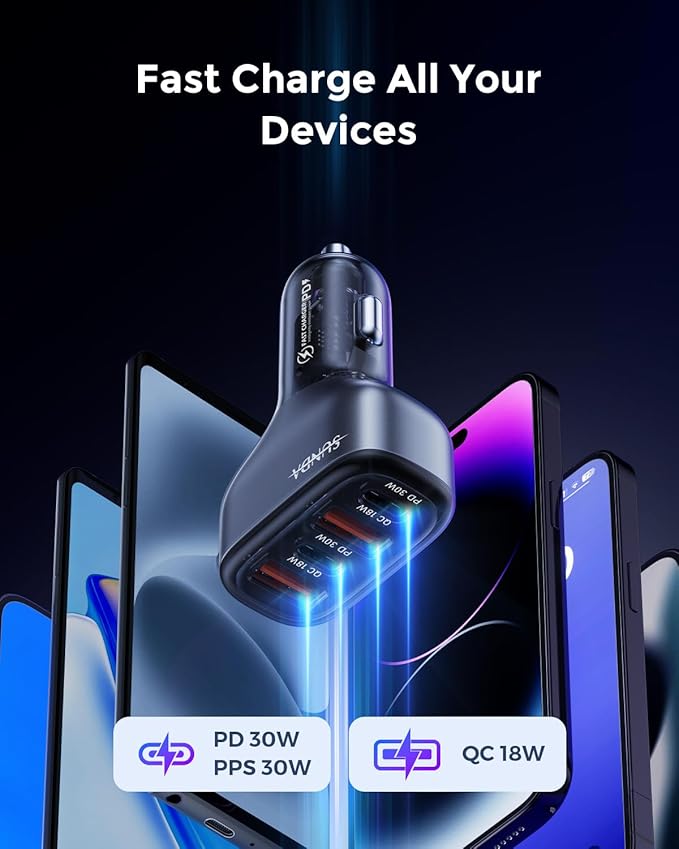 SUNDA 60W USB C Fast Car Charger, 4-Ports Car Charger Adapter, Dual Type C PD30W/PPS30W Compatible with iPhone17/16 Pro/Max/iPhone15/Galaxy/SamsungS25, Dual USB-A 18W QC3.0 for Android(Gray)