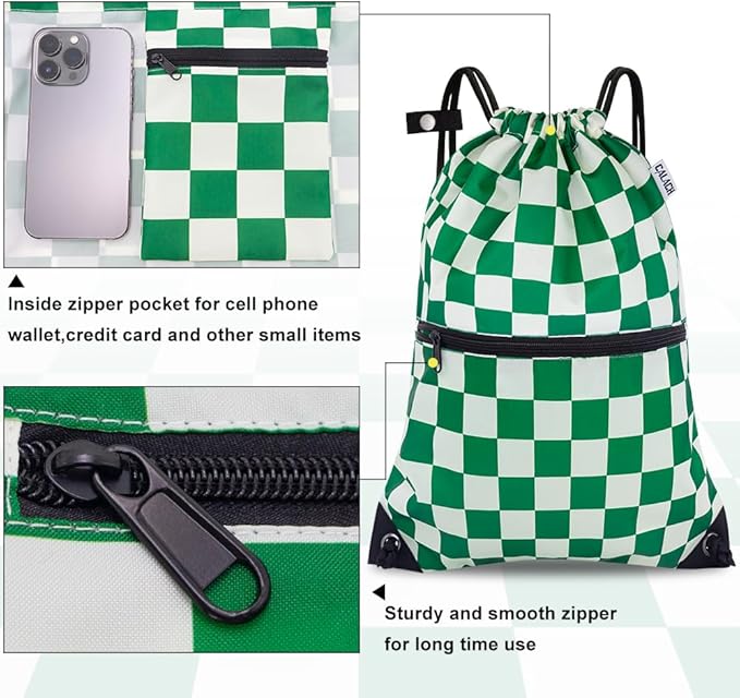 draw string back bag, Large Gym Sports string backpack for men and women with front zipper pocket(Greencheckered)