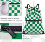 draw string back bag, Large Gym Sports string backpack for men and women with front zipper pocket(Greencheckered)