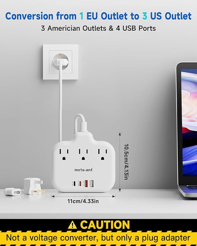 PD30W European Travel Plug Adapter, International Power Strip with 3 Outlets 4 USB Ports(2 USB-C), Universal Travel Adapter with 5ft Extension Cord for EU US UK Europe France Spain