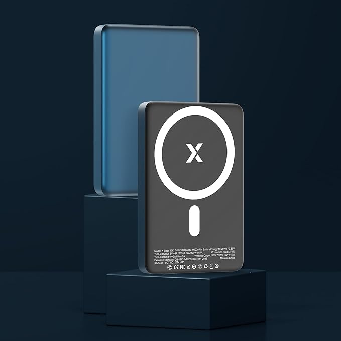 X Blade 10K Slim Magnetic Power Bank - 10000 mAh - MagSafe Portable Charger for iPhone and Samsung, Wireless Fast Charging USB-C PD 20W, Ultra Thin Metal Design, Metallic Blue
